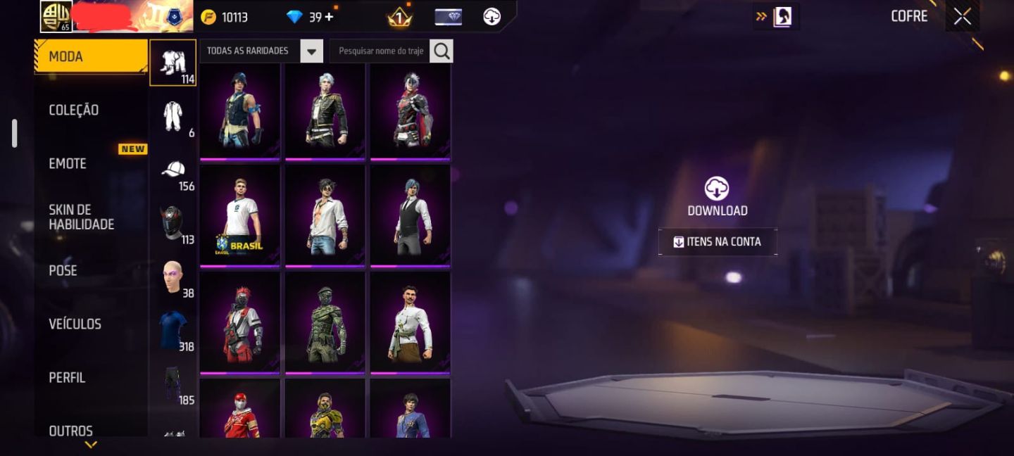CONTA DE FREE FIRE RARA, COM VÁRIAS SKINS, GOLA ALTA, CALÇA ANGEL VERMELHA E ETC
