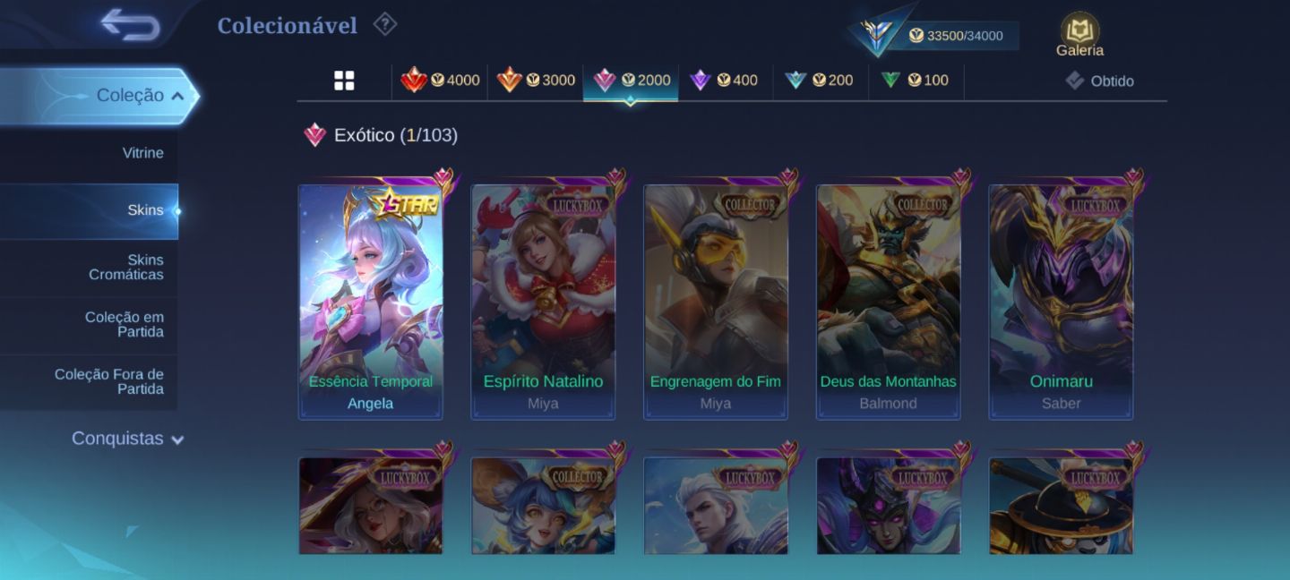 Conta mobile legends, skins de ventos e colab, quase 2k de diamante na conta