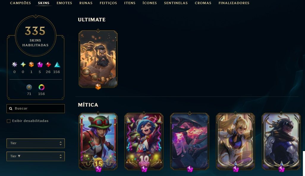 CONTA COM 335 SKIN - 26 SKIN LENDÁRIAS, 5 MÍTICAS E 1 ULTIMATE - LVL 492 OURO