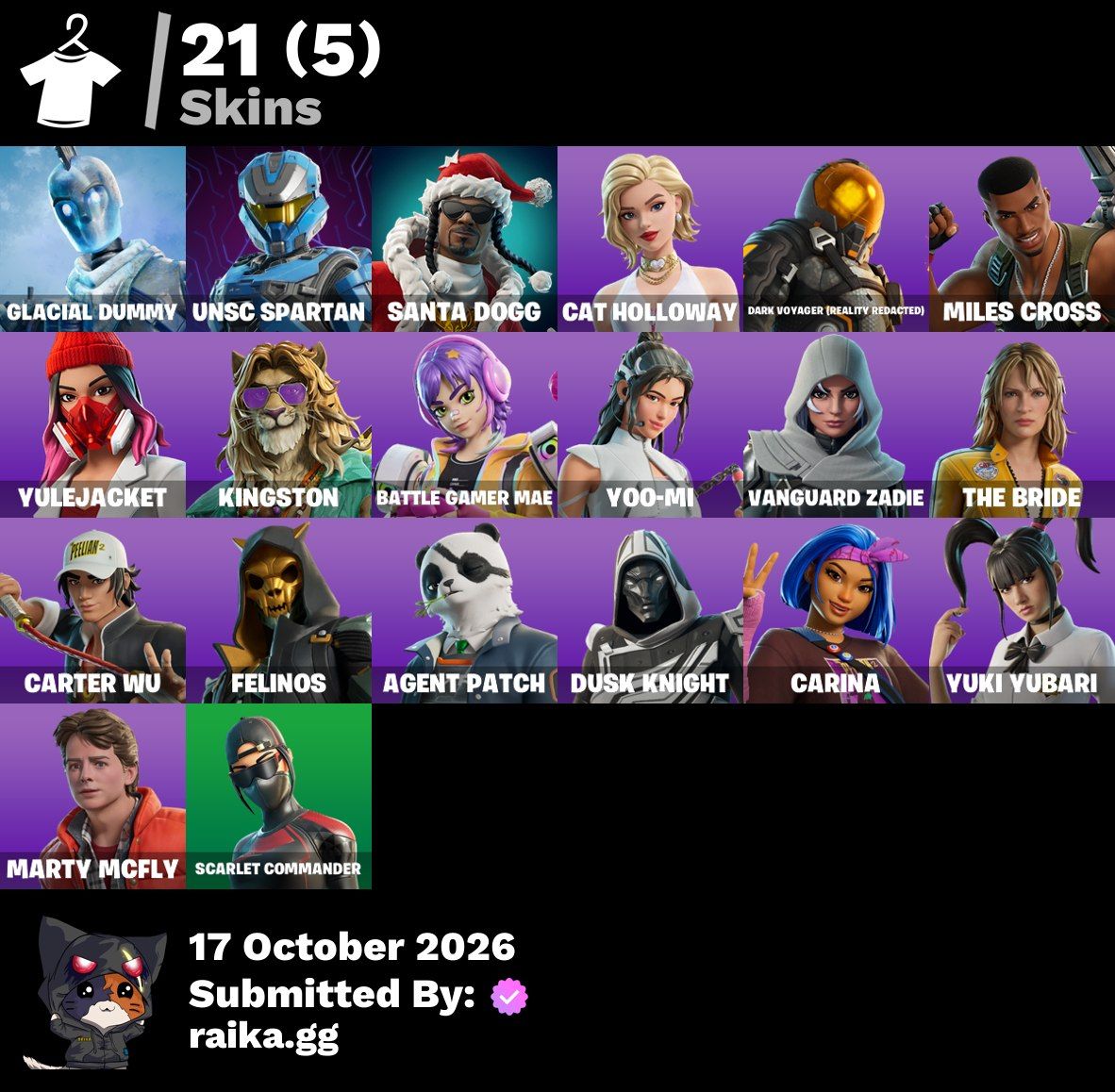 21 SKINS - 300 VBUCKS - Trailblazer Tai/Santa Dogg/Scarlet Commander/Carter Wu