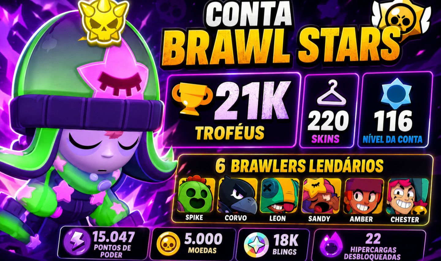 CONTA BRAWL STAR NIVEL 116 - 7 LENDARIOS