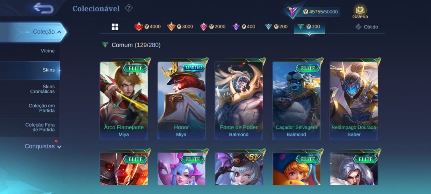 CONTA MOBILE LEGENDS 200 SKINS OPORTUNIDADE