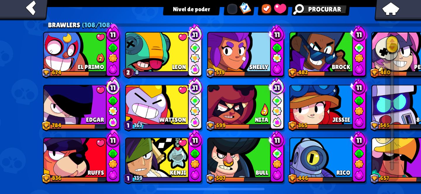CONTA BRAWL STARS 100% FULL BRAWLERS (108/108) | 34K TROFÉUS | 2 PASSES A