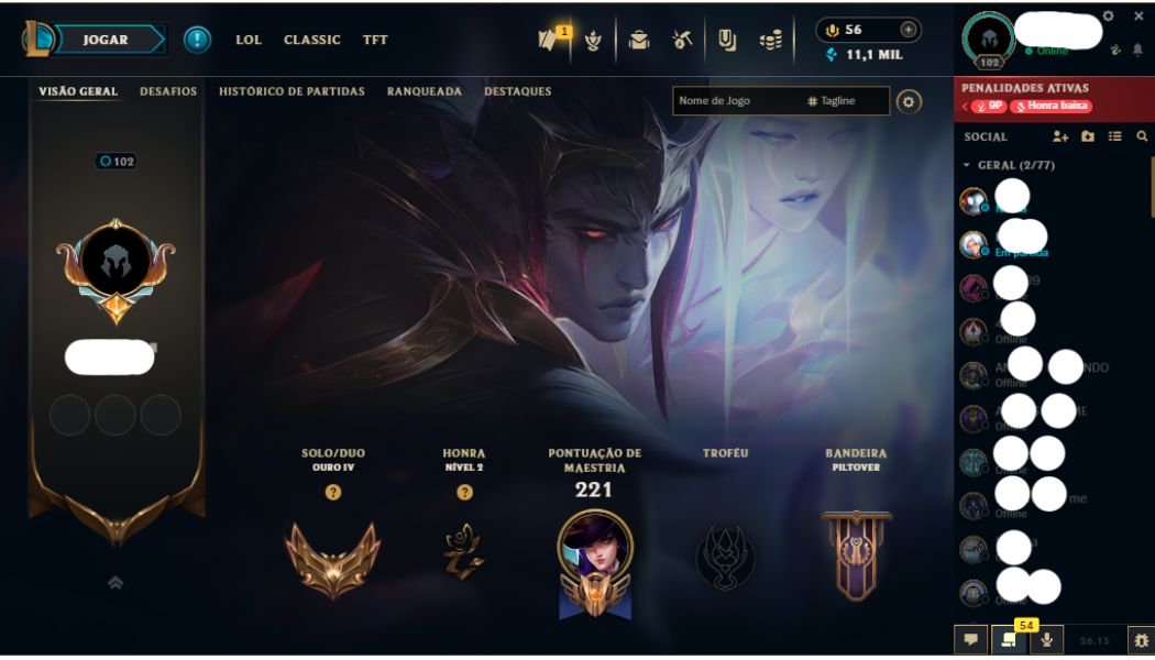 Conta LoL BR | Ouro IV 60% WR | MMR Alto | Honra 4 | Full Acesso | 87 Skins