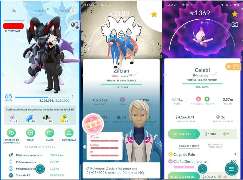 CONTA POKEMON GO LEVEL 65 | 190 LENDARIO | 158 BRILHANTE | ZACIAN E MEWTWO IV100