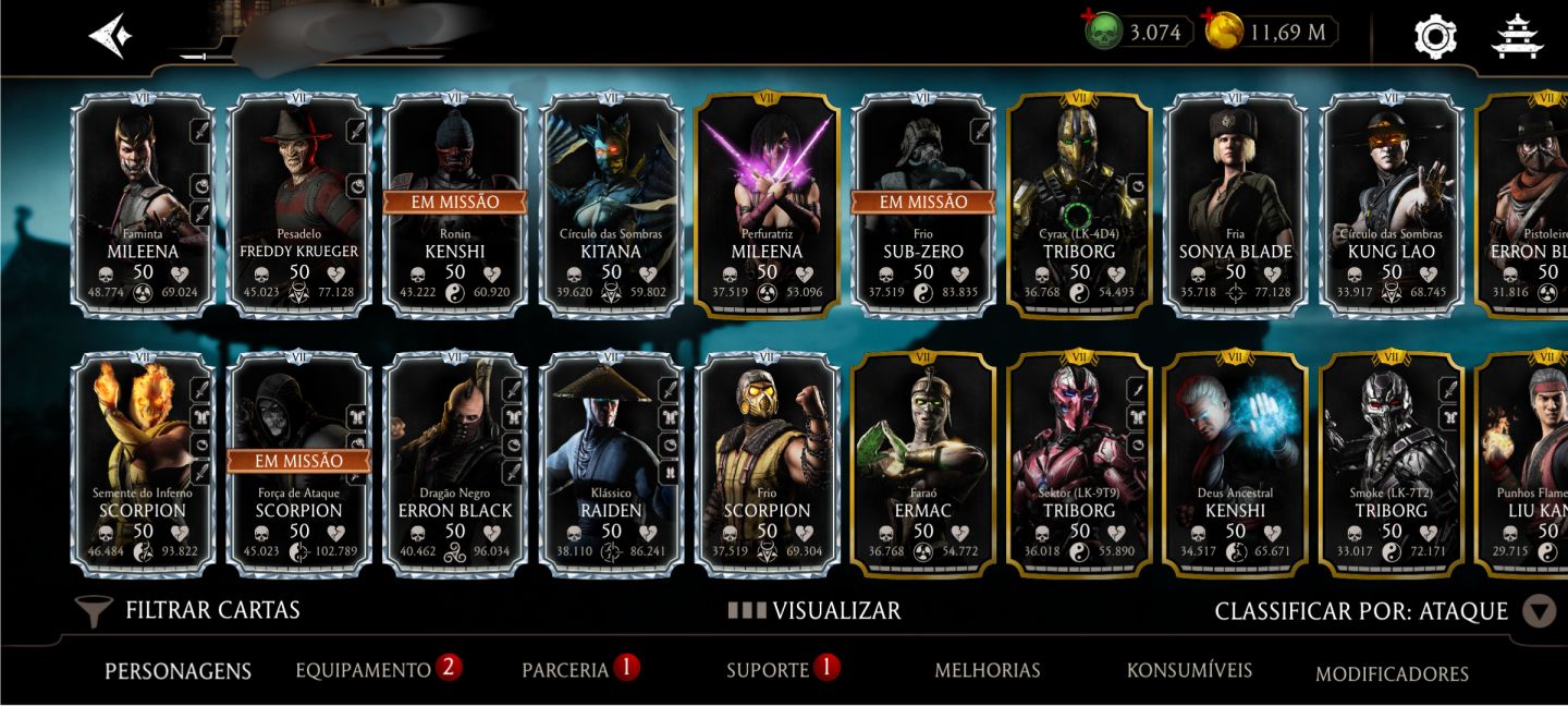 Conta de Mortal Kombat mobile diversos personagens diamante