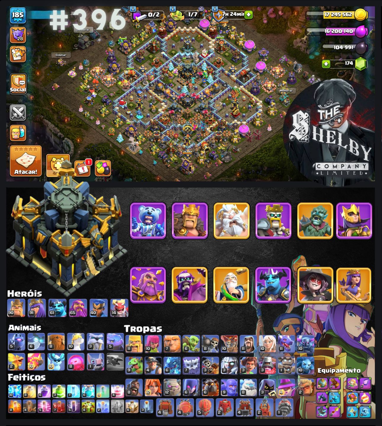 Contas de Clash of clans CV 13, 14, 15, 16, 17, 18 Com Várias Skins e Paisagens.