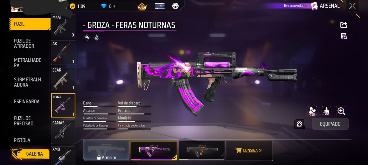 CONTA FREE FIRE NIVEL 11 + SKIN ELISABETH (GINTAMA) + 4 SKINS + GELO + KATANA