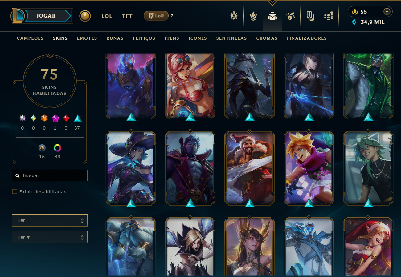 CONTA DE LOL E VALORANT COM 75 SKINS ESMERALDA (LOL) E PLATINA (VALORANT)