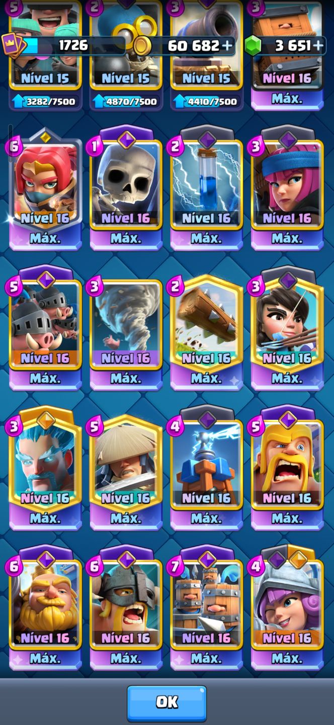 Conta Clash Royale Nível 16 Várias Cartas Nível Máximo 14k troféus Arena Campeão