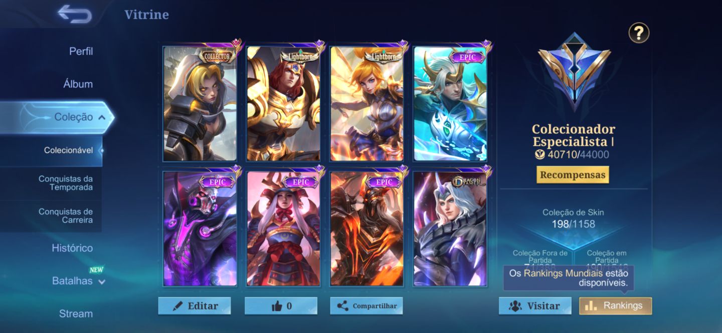 CONTA MOBILE LEGENDS | 198 SKINS | KARINA KOF | EX-IMORTAL 122 | TOP BR BELERIC