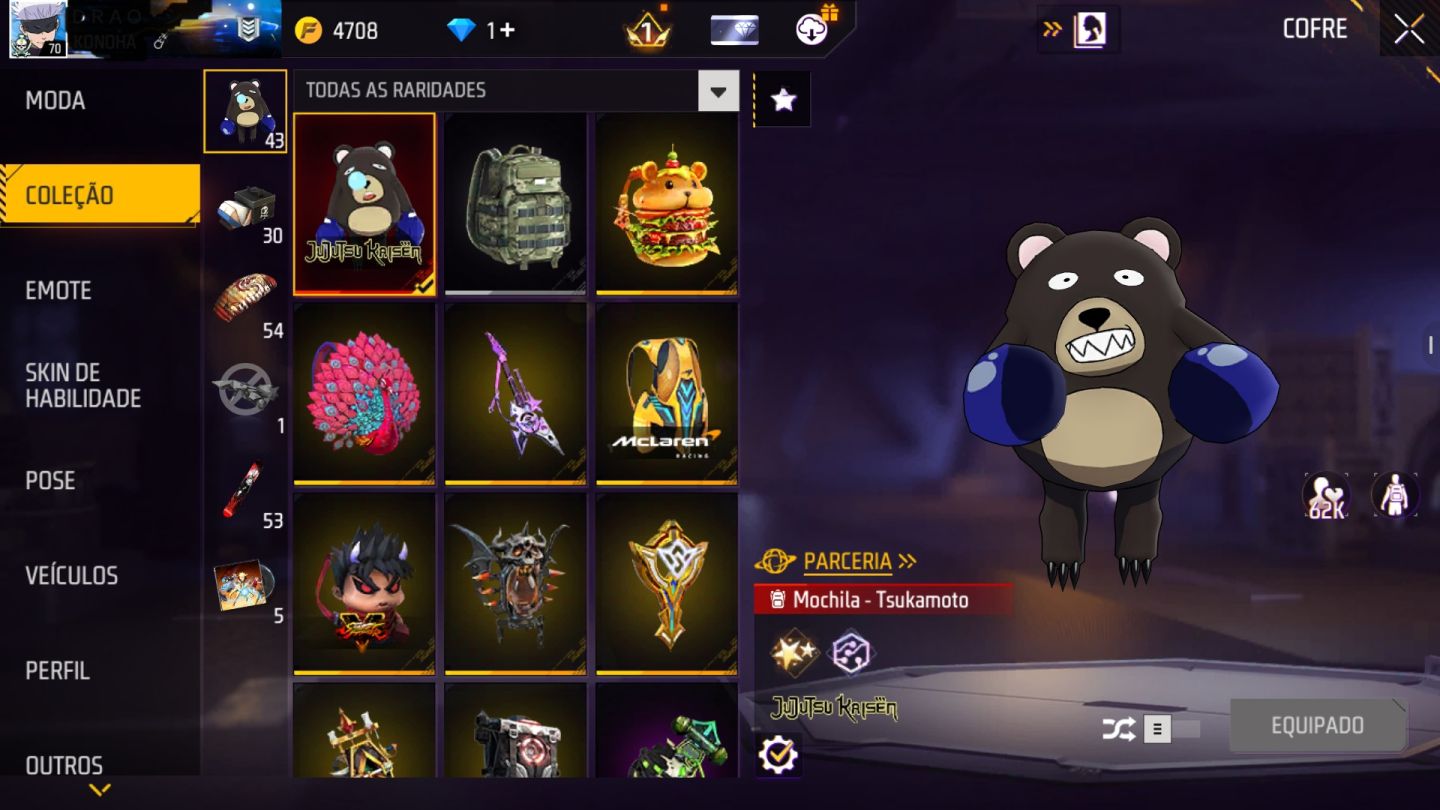 CONTA FF LVL 70 | GEMADA | MESTRES ANTIGOS | FULL GOJO | 8 PASSES | +500 SKINS