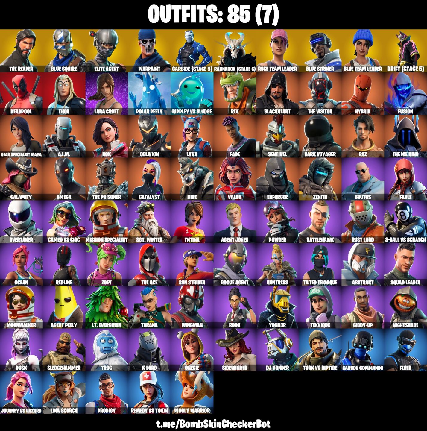 85 skins - OG Salve o mundo (farm vbucks), o ceifador, omega, lara croft