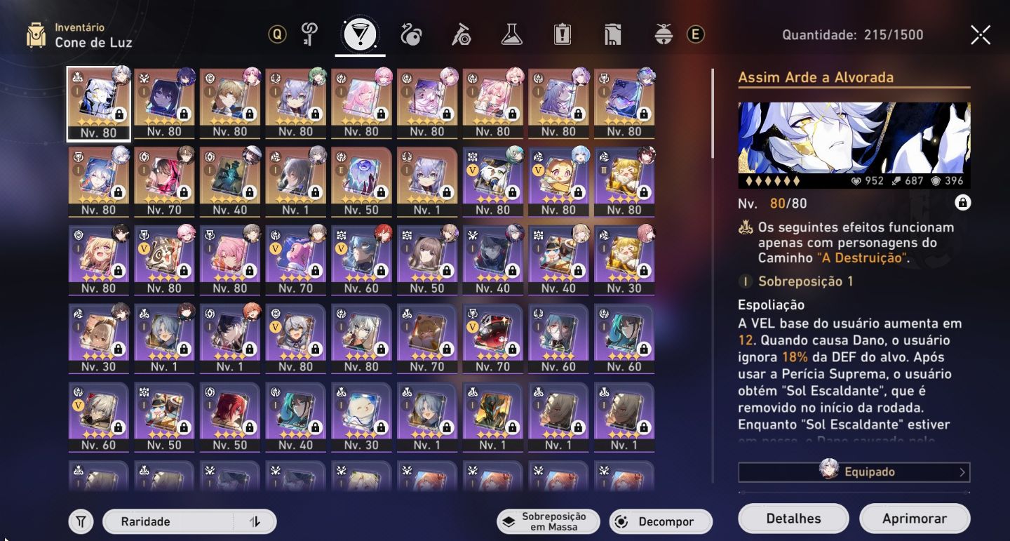 Conta Honkai: Star Rail TL:70, 24 Personagens T5 e 13 cones T5 + Skin + Eidolons