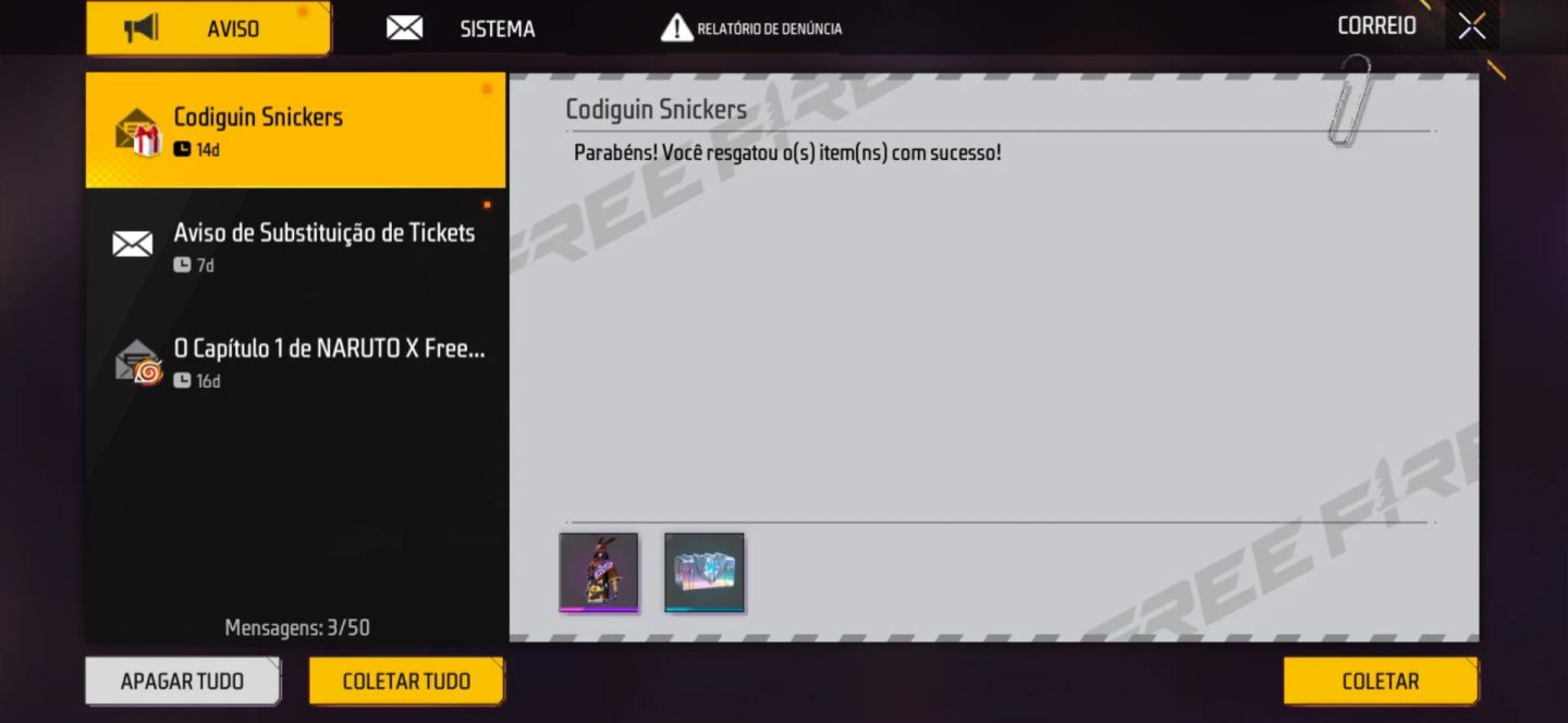 CODIGUIN SNICKERS FREE FIRE | Envio por ID