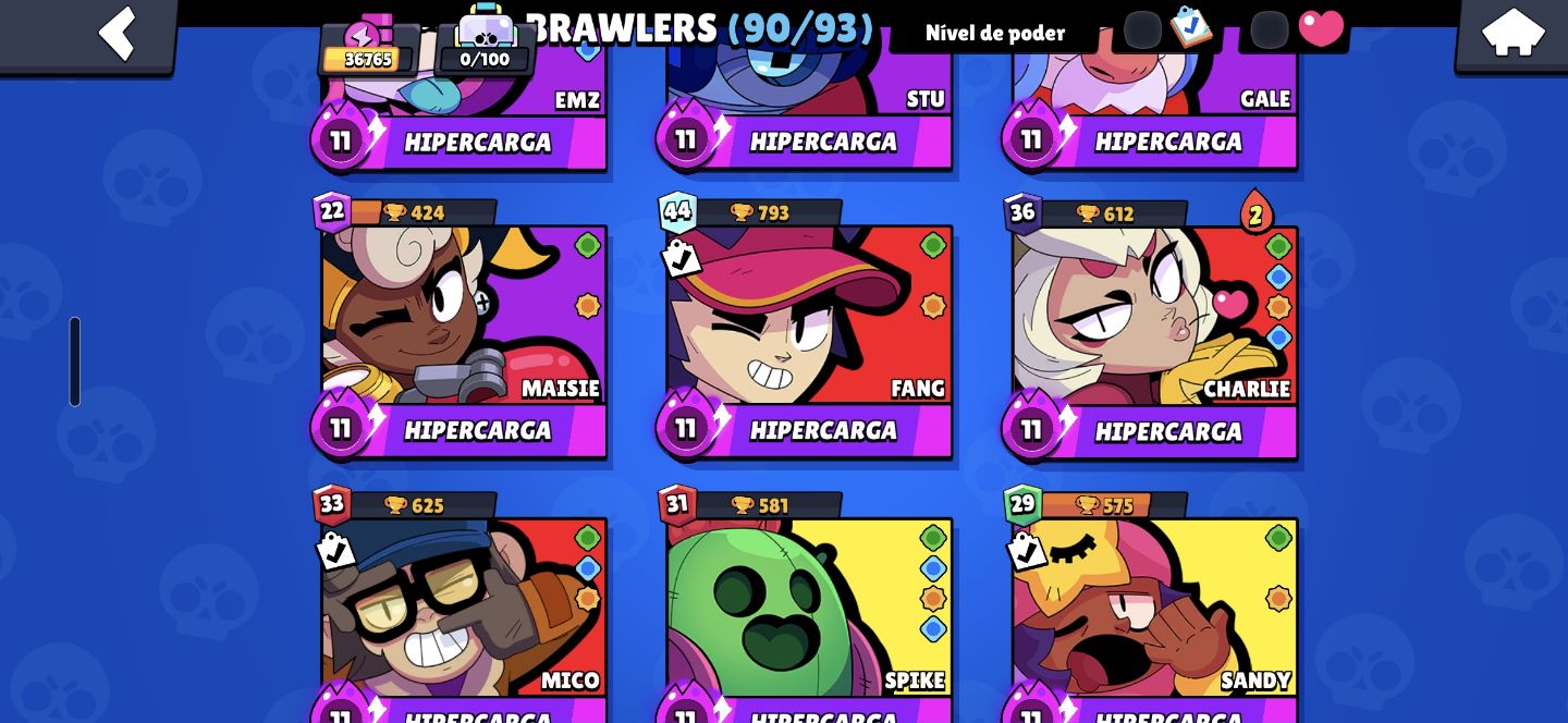 Conta de Brawl Stars com 36k de troféus e 90 brawlers