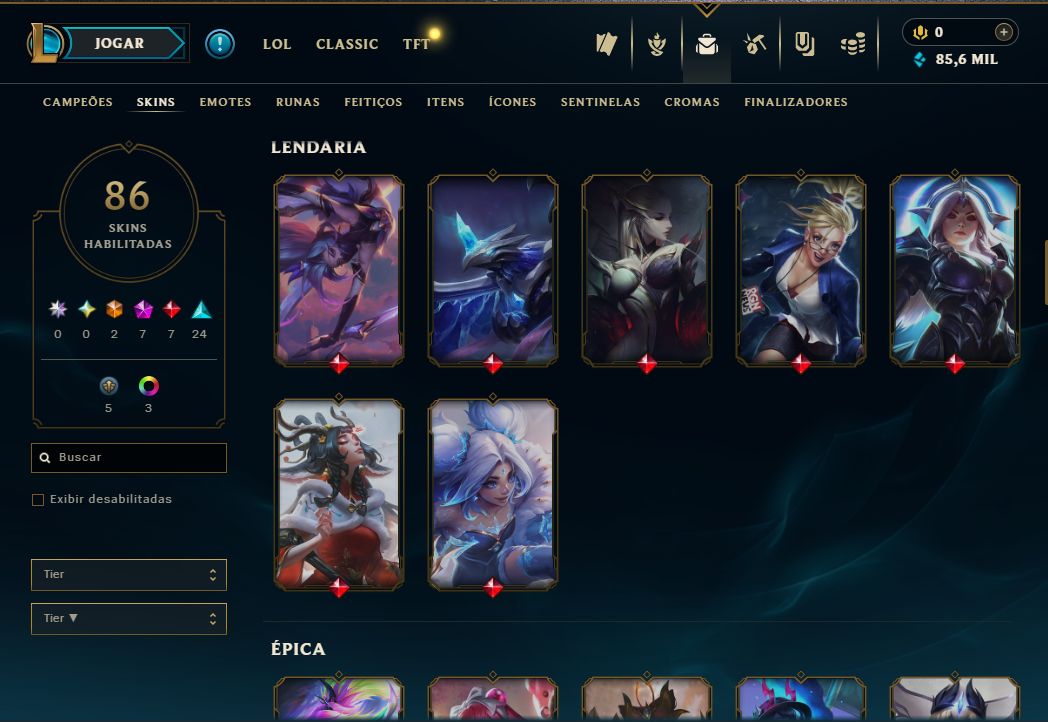 Conta de Lol com 45 skins, 2 ultimates, 7 míticas, 7 lendárias e varias épicas