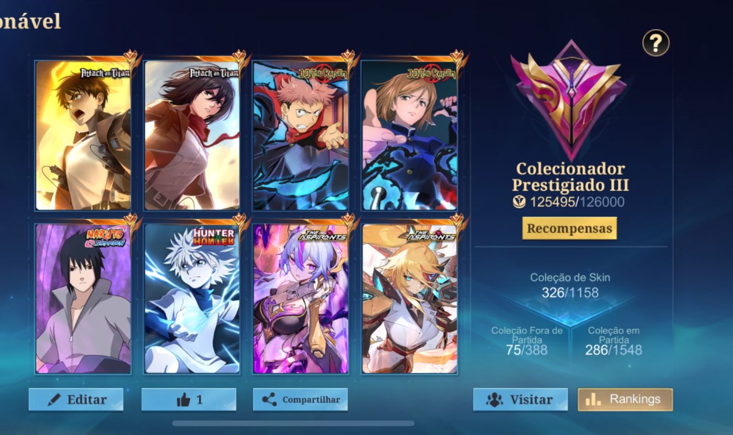 Conta MLBB | 326 Skins, Freya Lenda + Collabs (JJK, AOT, Naruto, HxH)
