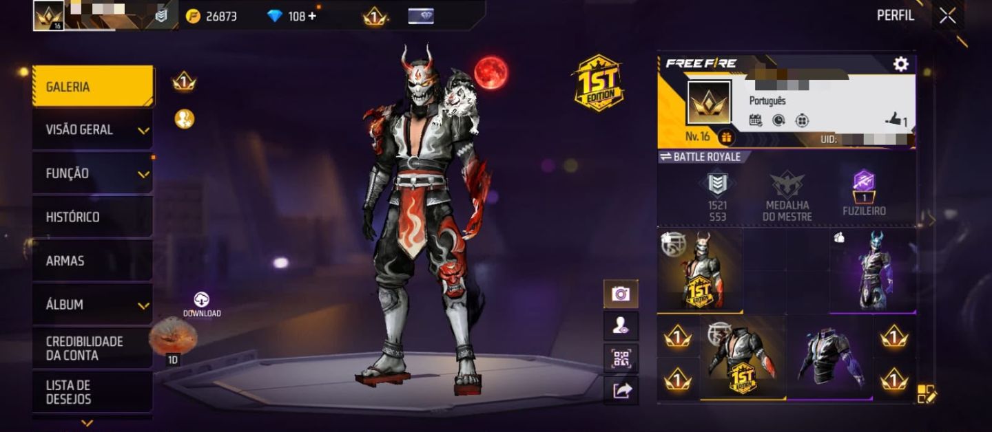[FREE FIRE] CONTA LVL 16 | 2 CONJUNTOS SAMURAI | 108+ DIAMANTES
