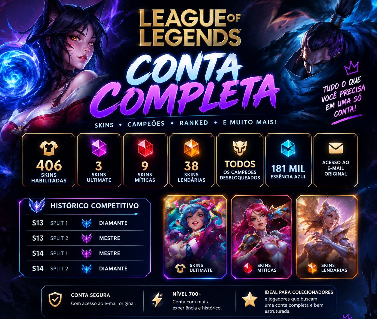 CONTA LEAGUE OF LEGENDS +406 SKINS [Ex Mestre]