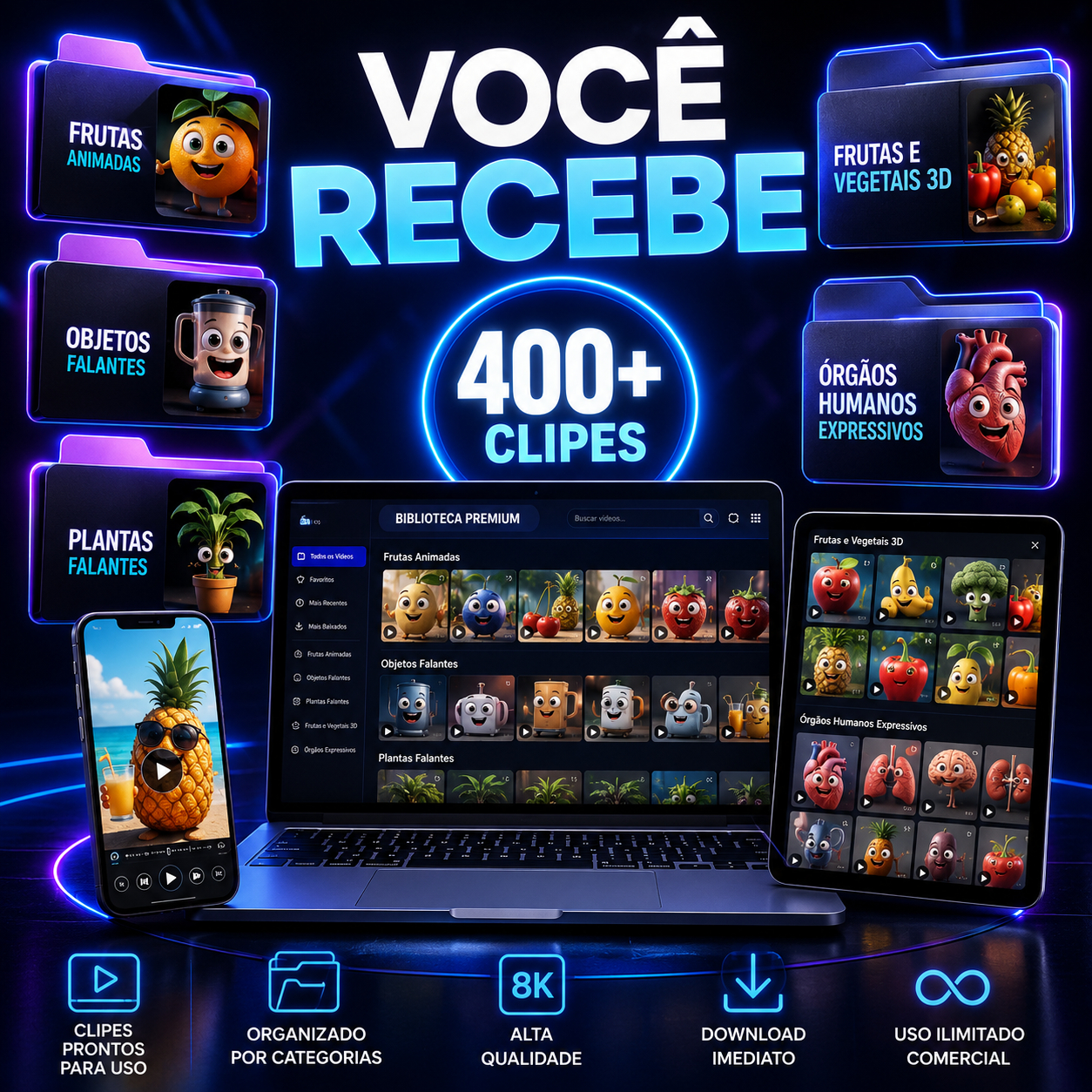 Pack 400+ Vídeos Animados IA Histórias de Frutas, Objetos e Órgãos 3D