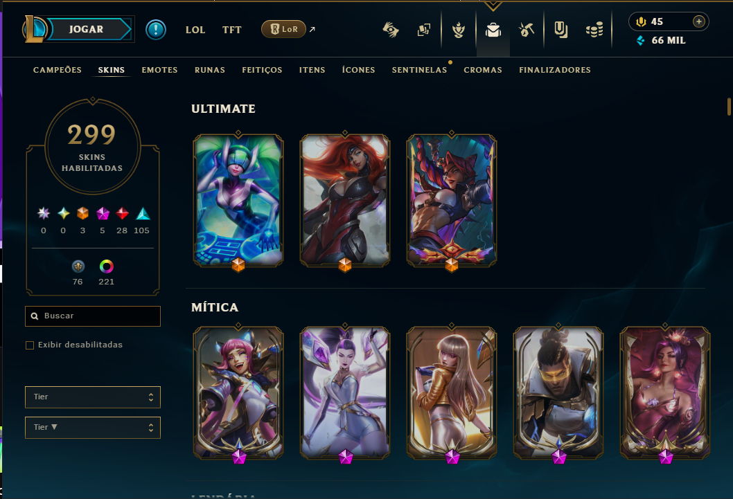 CONTA ESMERALDA, DIAMANTE ULTIMA TEMP. EX-MESTRE, 299 SKINS, PRESTIGIOS/ULTIMATE