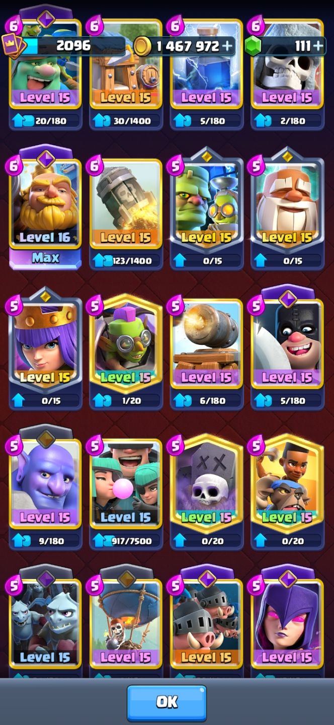 Conta Lvl 16 + todas cartas level 15 + 39 Evolucoes + 2 CRL BADGE+ Coleção 2096