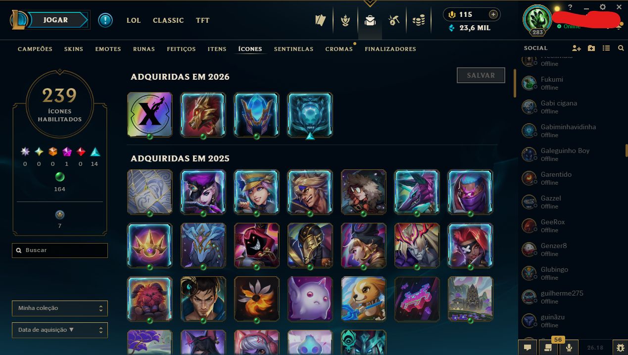 CONTA LOL LVL 283 | 196 SKINS | 239 ÍCONES