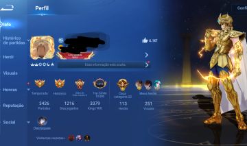 Conta do honor of kings, com skin do megumi,uma flawess do hanxi.. entre outras