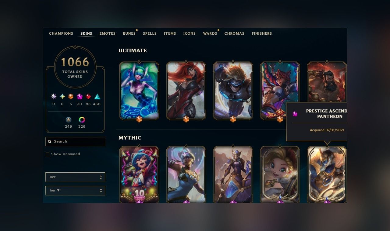 1066 SKINS, 327 CHROMAS - CONTA DE LEAGUE OF LEGENDS