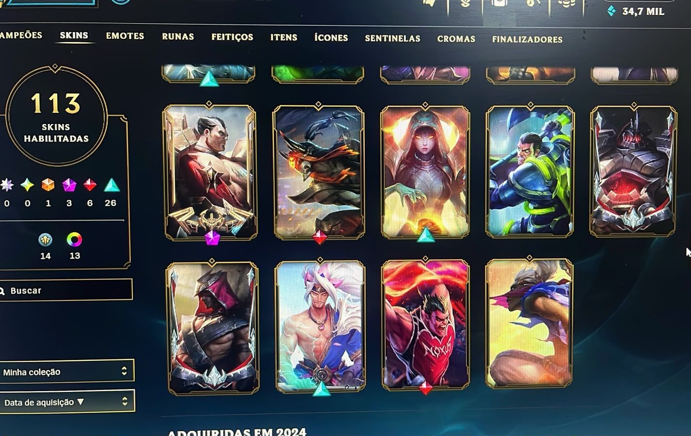 Conta no LoL, Esmeralda I, Todos os campeões, 113 skins, nivel 274.