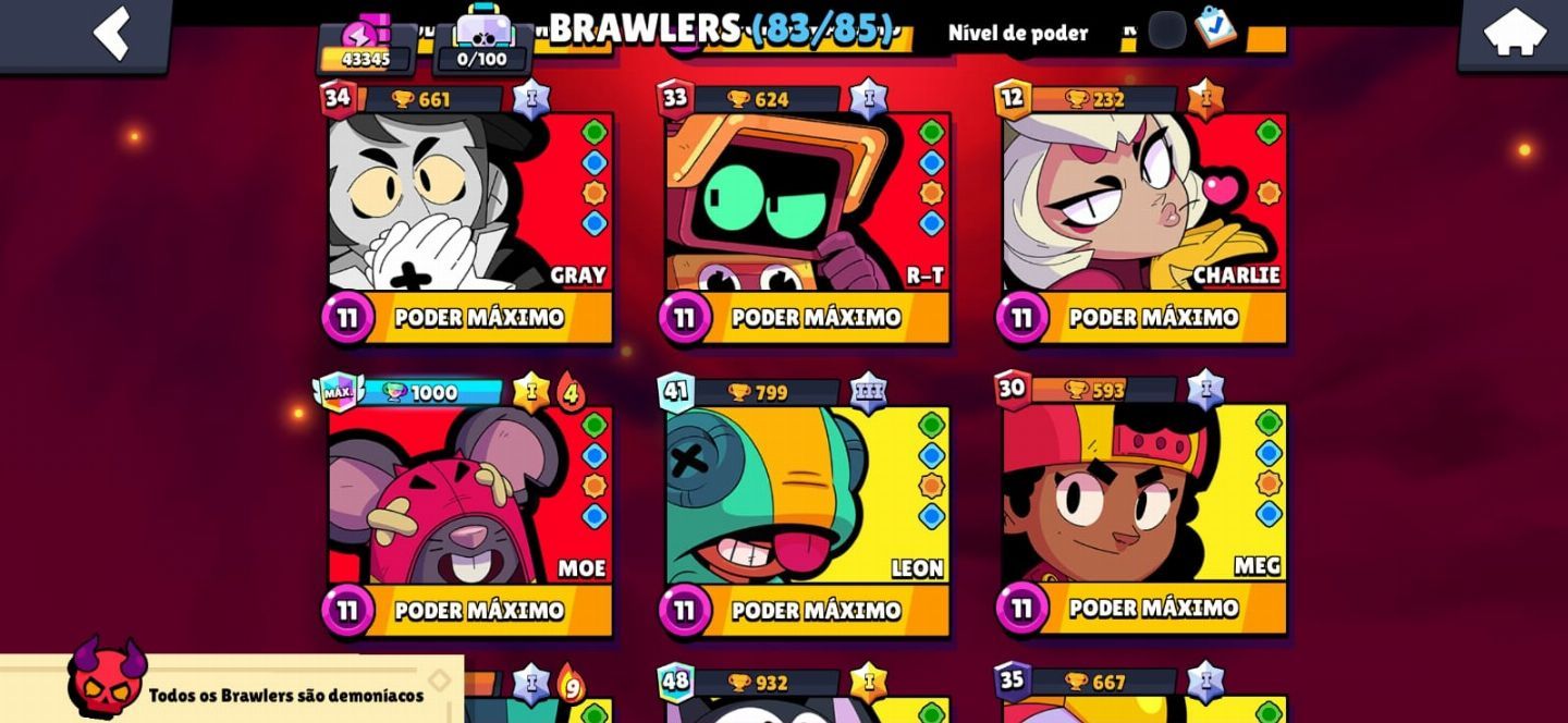 CONTA BRAWL STARS 83/85 BRAWLERS, 43K TROFÉUS, ANTIGA (2018), MUITA SKIN.