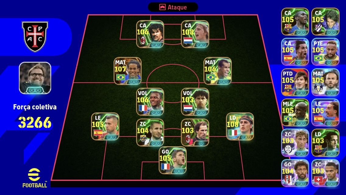 Conta eFootball Força 3266 Cruyff 108 Gullit 107 Ronaldinho blitz 107 Vieira 106