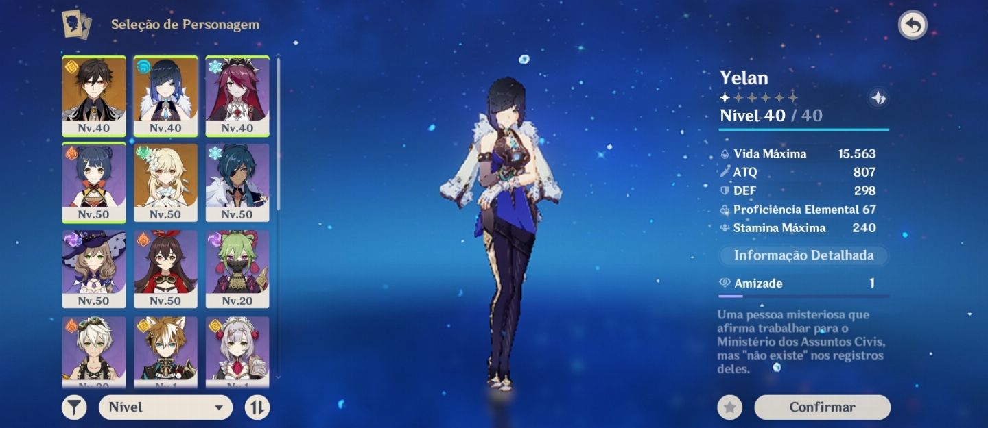 Yelan + BIS + Zhongli + Estrela invernal + Oração perdida aos ventos sagrados