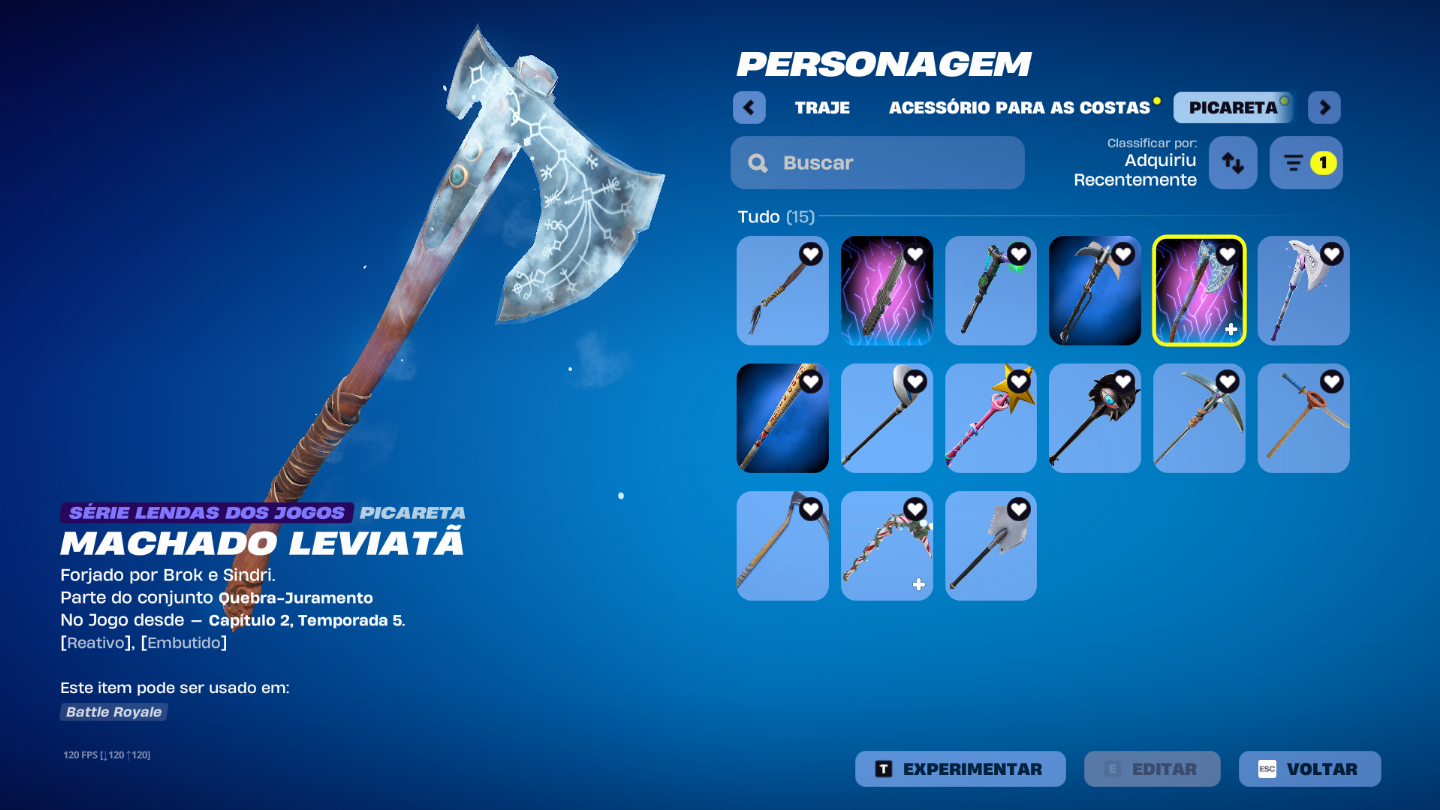 Conta de Fortnite com picareta do kratos entre outras skins e picaretas