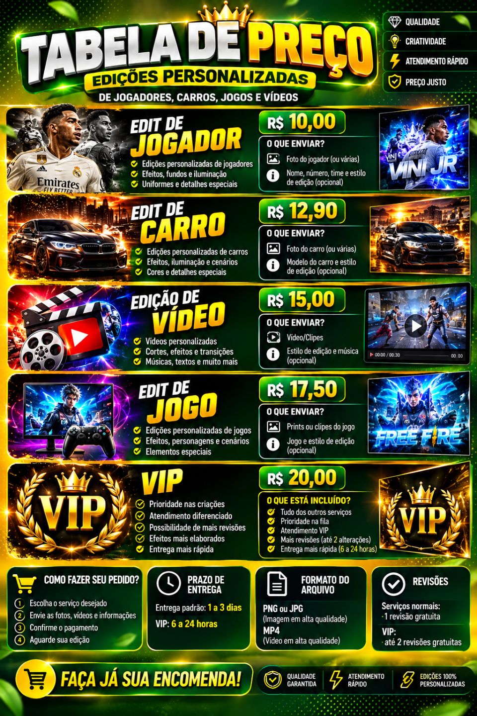 EDIÇÕES PERSONALIZADAS DE JOGADORES, CARROS, JOGOS E VÍDEOS A PARTIR DE R$10