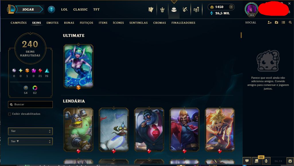 Conta gold MMR platina nivel 393, All campeões, com RP, 240 skins, full acesso