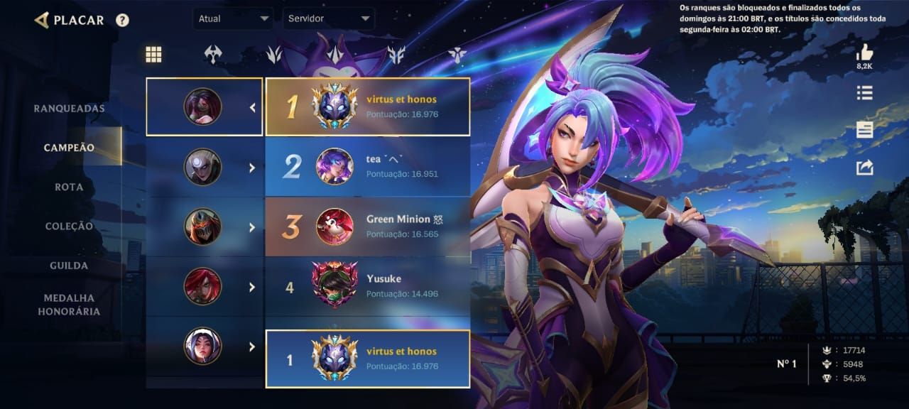 Conta Raríssima - Top 1 Akali do Servidor/ Elo atual Monarca