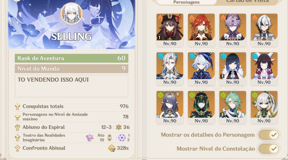 Conta Genshin Impact com vários personagens T5 incluindo os TOp meta DPS.