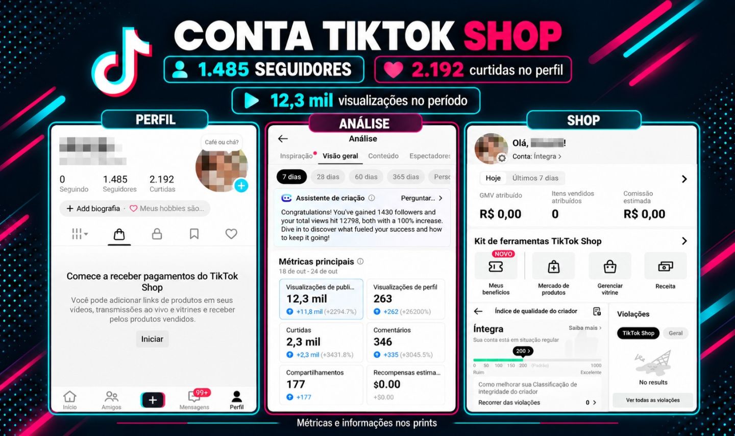 CONTA TIKTOK SHOP 1.485 SEGUIDORES REAIS | PERFIL ENGAJADO