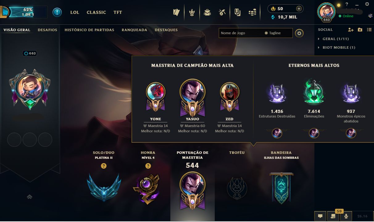 Conta LOL e Valorant - 240 Skins, Nivel 440, MMR Platina/Esmeralda(LOL e VAVA)