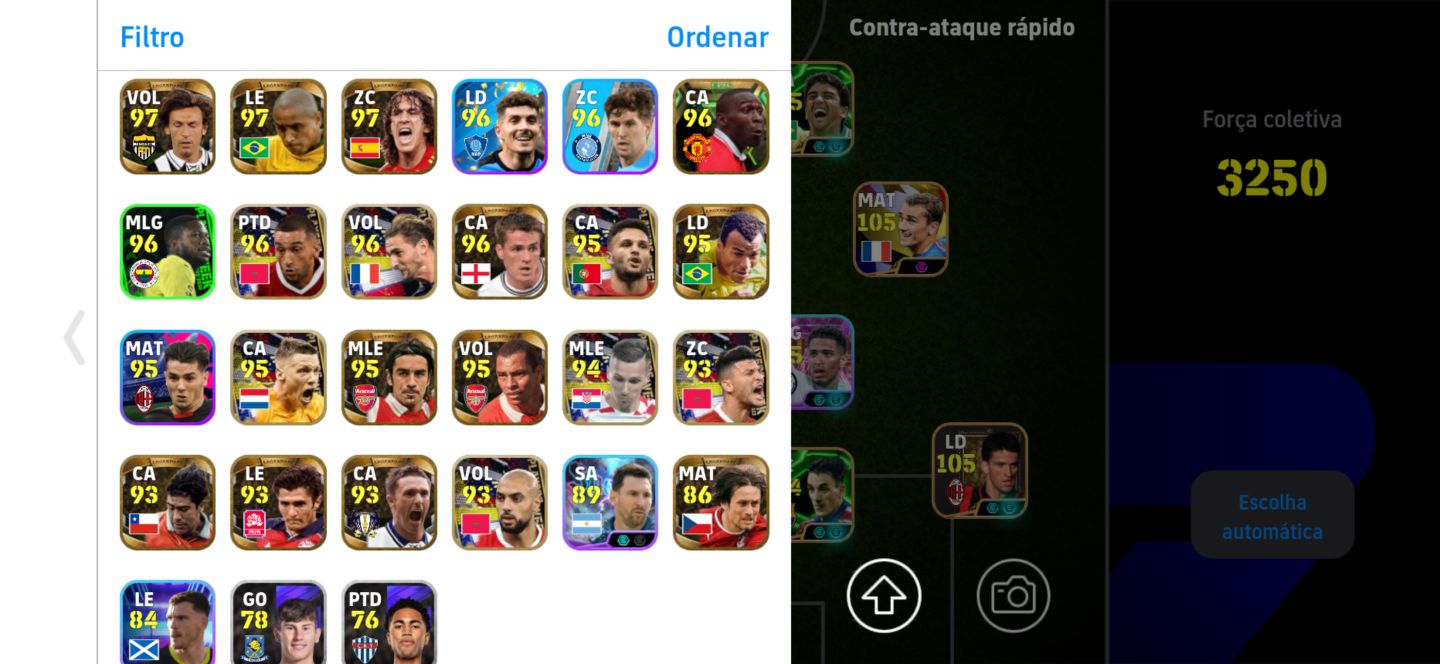 Conta top de efootball mobile com Shevchenko, Kaká e Bellingham.