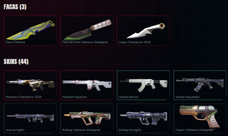 CONTA VALORANT | 44 SKINS 3 FACAS 24 AGENTES | CHAMPIONS 2026 CONFIRA!