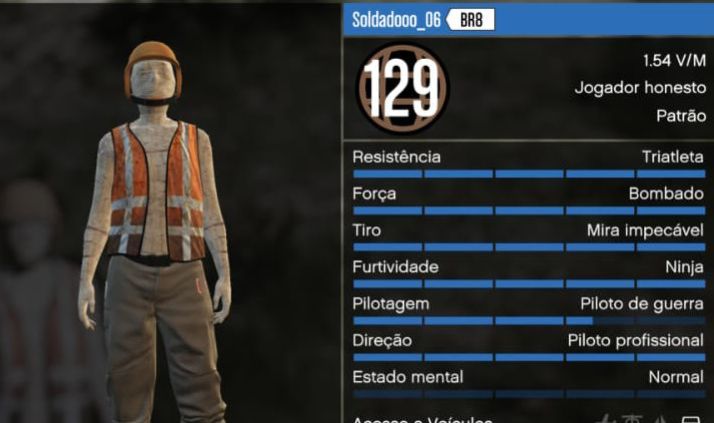 Lvl:129, 52m incluso, todas propriedades adquiridas 10 traje mod, 10 carros mod