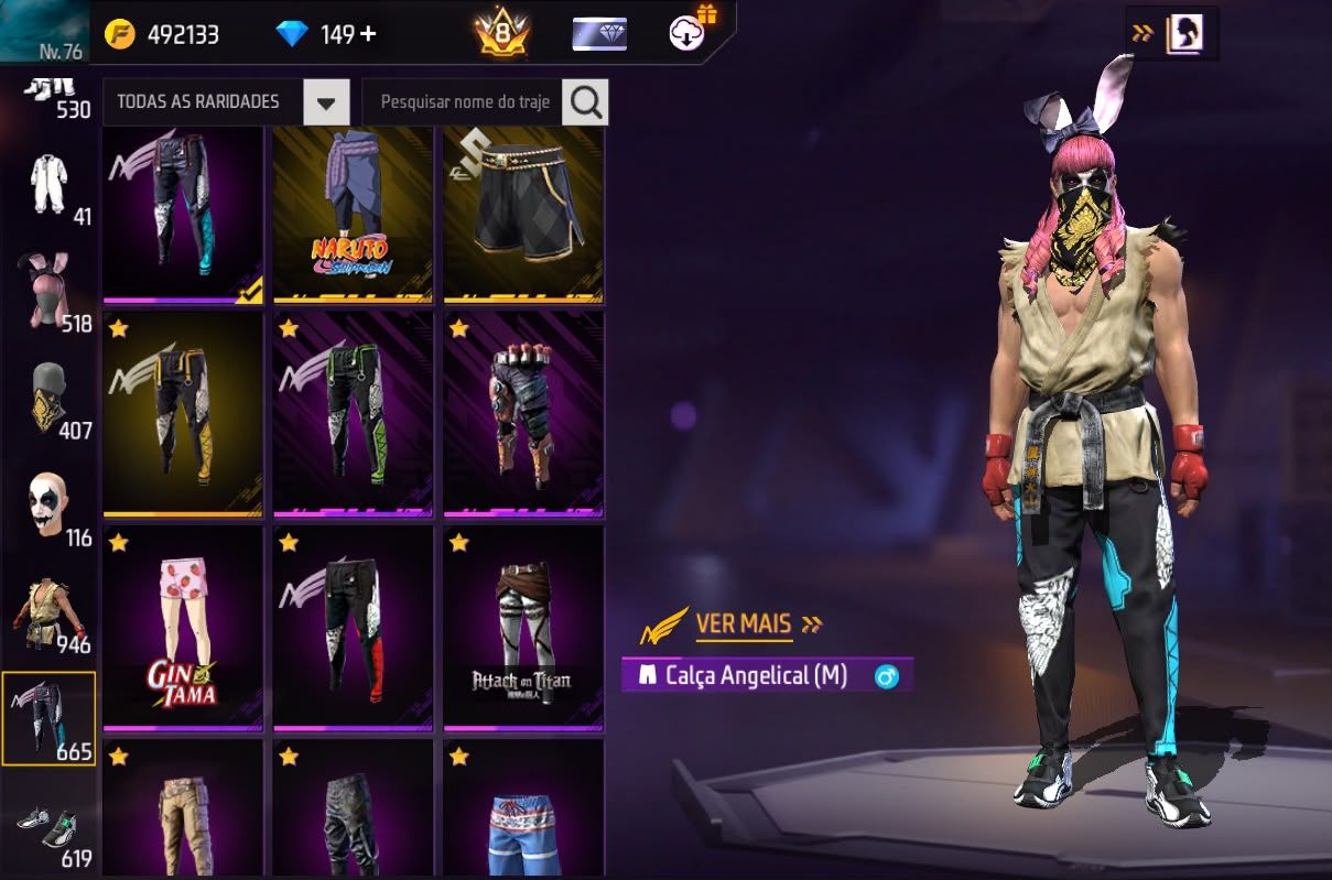 Conta Free Fire Gemada com 7 Angelicais, 10 Evolutivas, Prime 8, 900+ Peitorais
