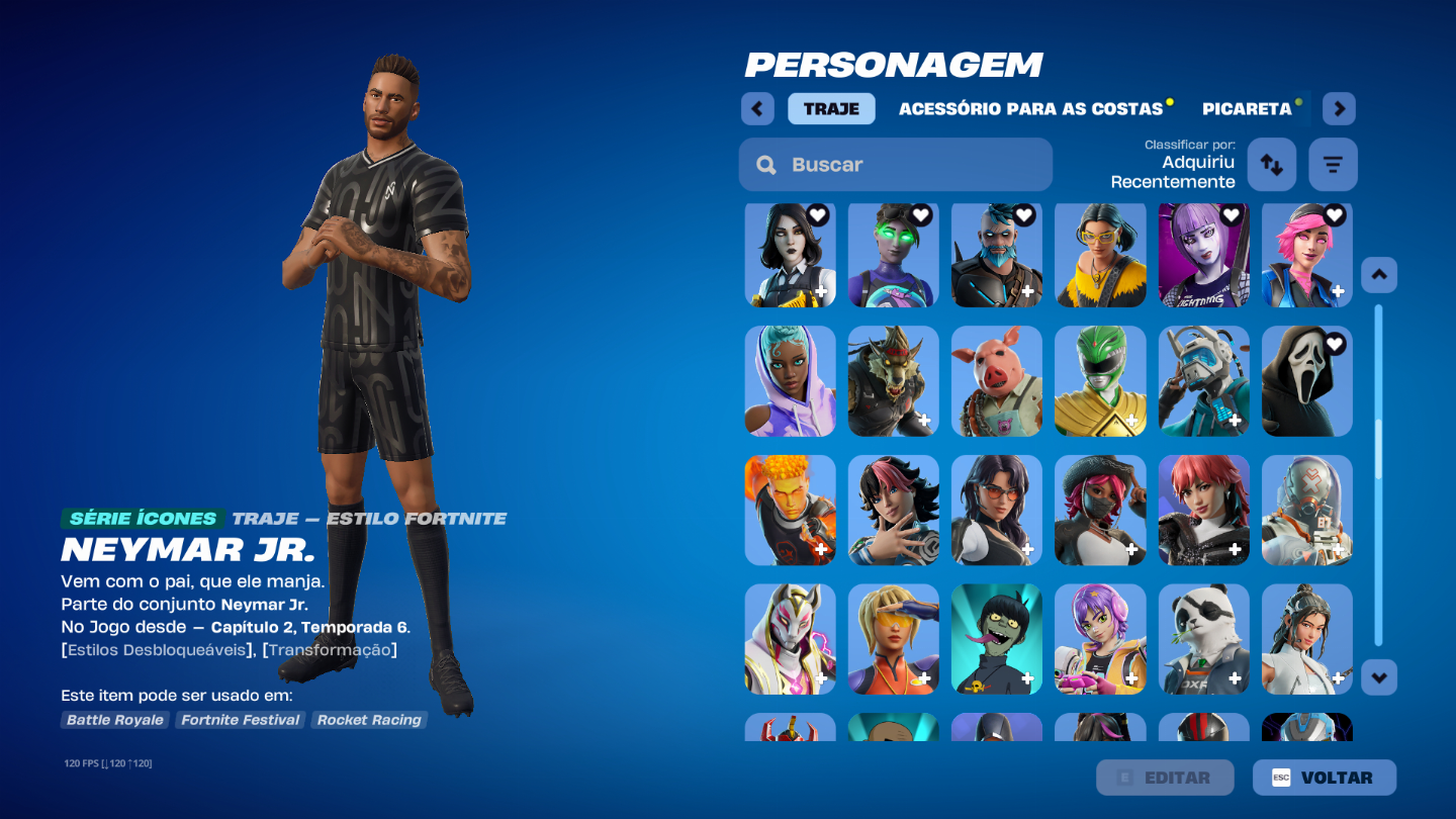 Conta de Fortnite com picareta do kratos entre outras skins e picaretas