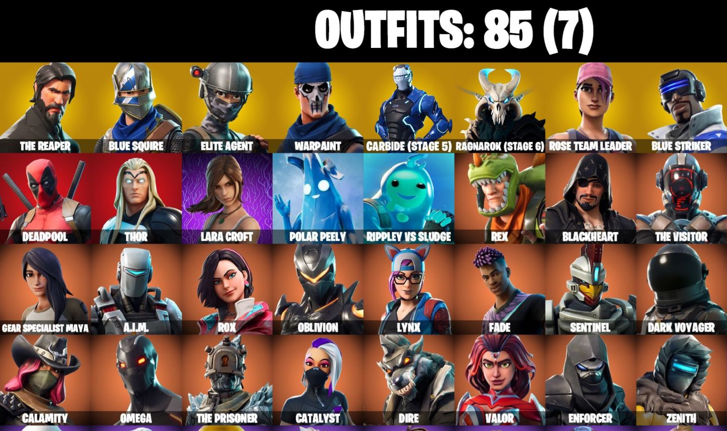85 skins - OG Salve o mundo (farm vbucks), o ceifador, omega, lara croft