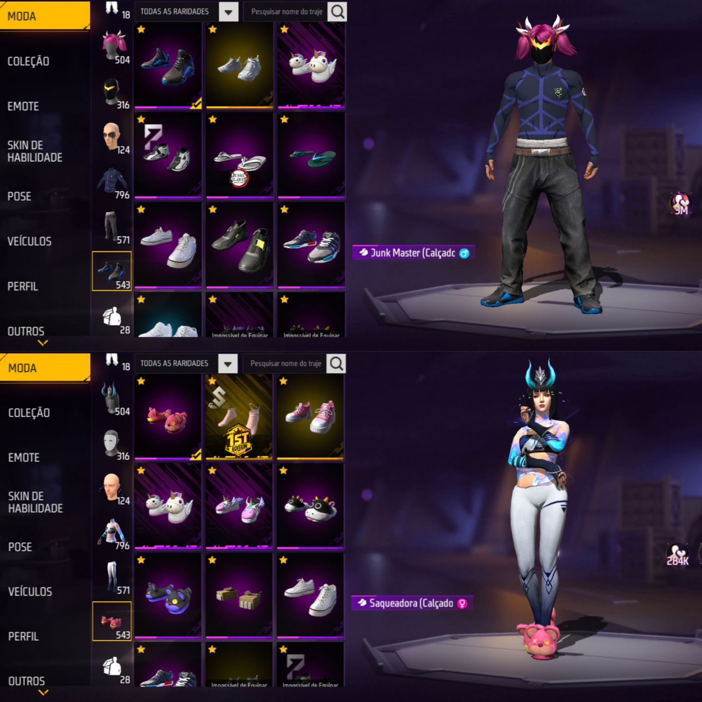 CONTA FREE FIRE FEMININA E MASCULINA, FOCO NO FEMININO