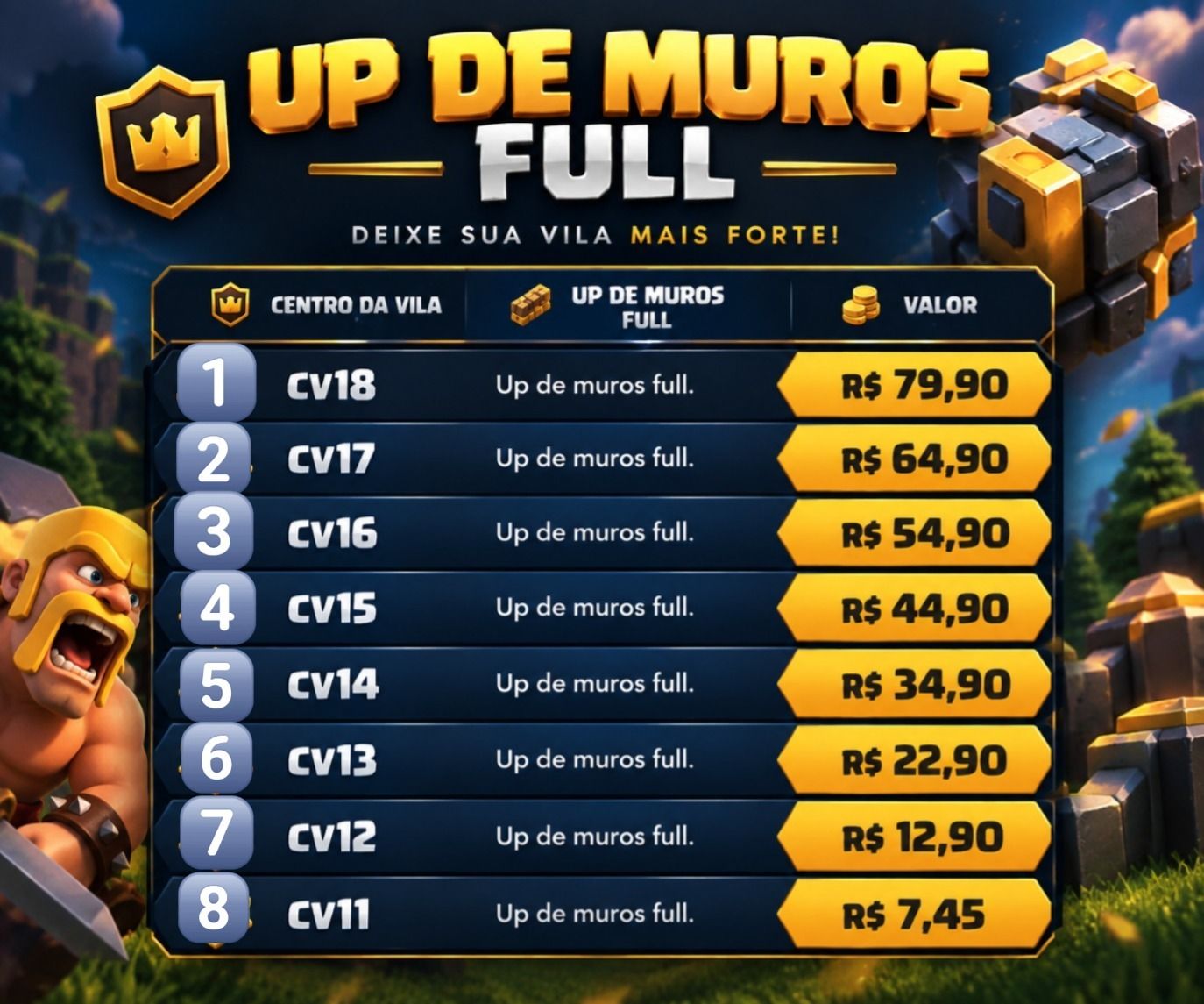[50% OFF] PROMOÇÃO UP DE MUROS & FARM DE RECURSOS