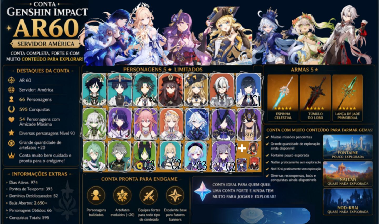 CONTA GENSHIN IMPACT COM NICOLE+YELAN C1 E OUTROS T5, E CONTEUDO PRA EXPLORAÇÃO